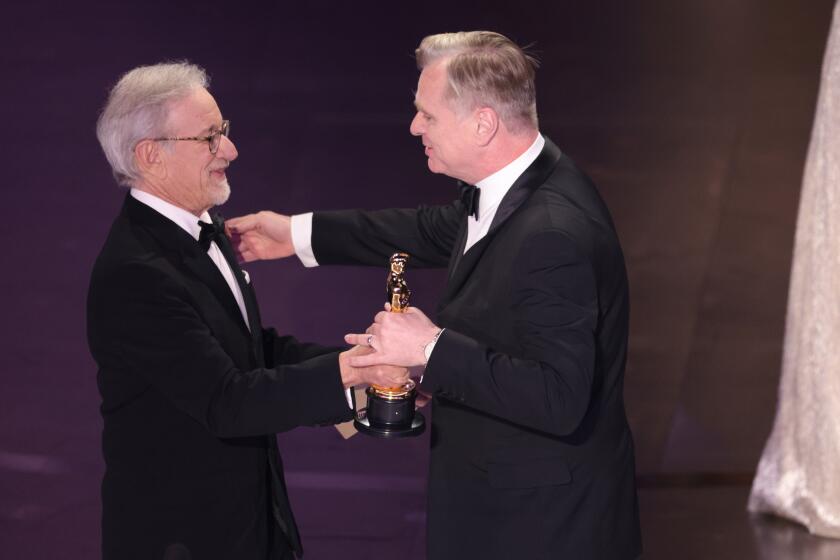 Hollywood, CA - March 10: Chirstopher Nolan and Steven Spielberg during the live telecast of the 96th Annual Academy Awards in Dolby Theatre at Hollywood & Highland Center in Hollywood, CA, Sunday, March 10, 2024. (Myung J. Chun / Los Angeles Times)