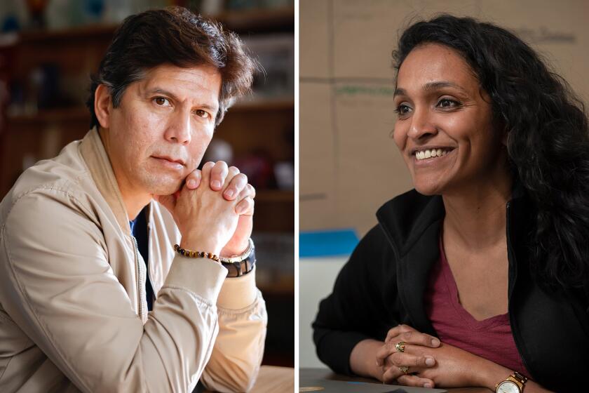  Los Angeles City Councilman Kevin De Leon. RIGHT: Los Angeles City Council member Nithya Raman.