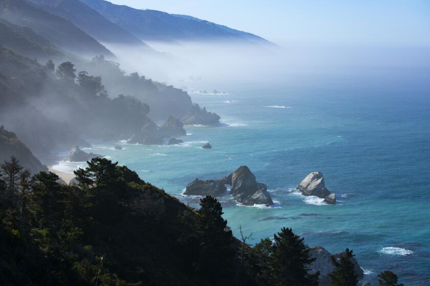 BIG SUR, CA - MAY 02: Low clouds hug the coastline of Julia Pfeiffer Burns State Park along California Highway 1 on Sunday, May 2, 2021 in Big Sur, CA. (Brian van der Brug / Los Angeles Times)