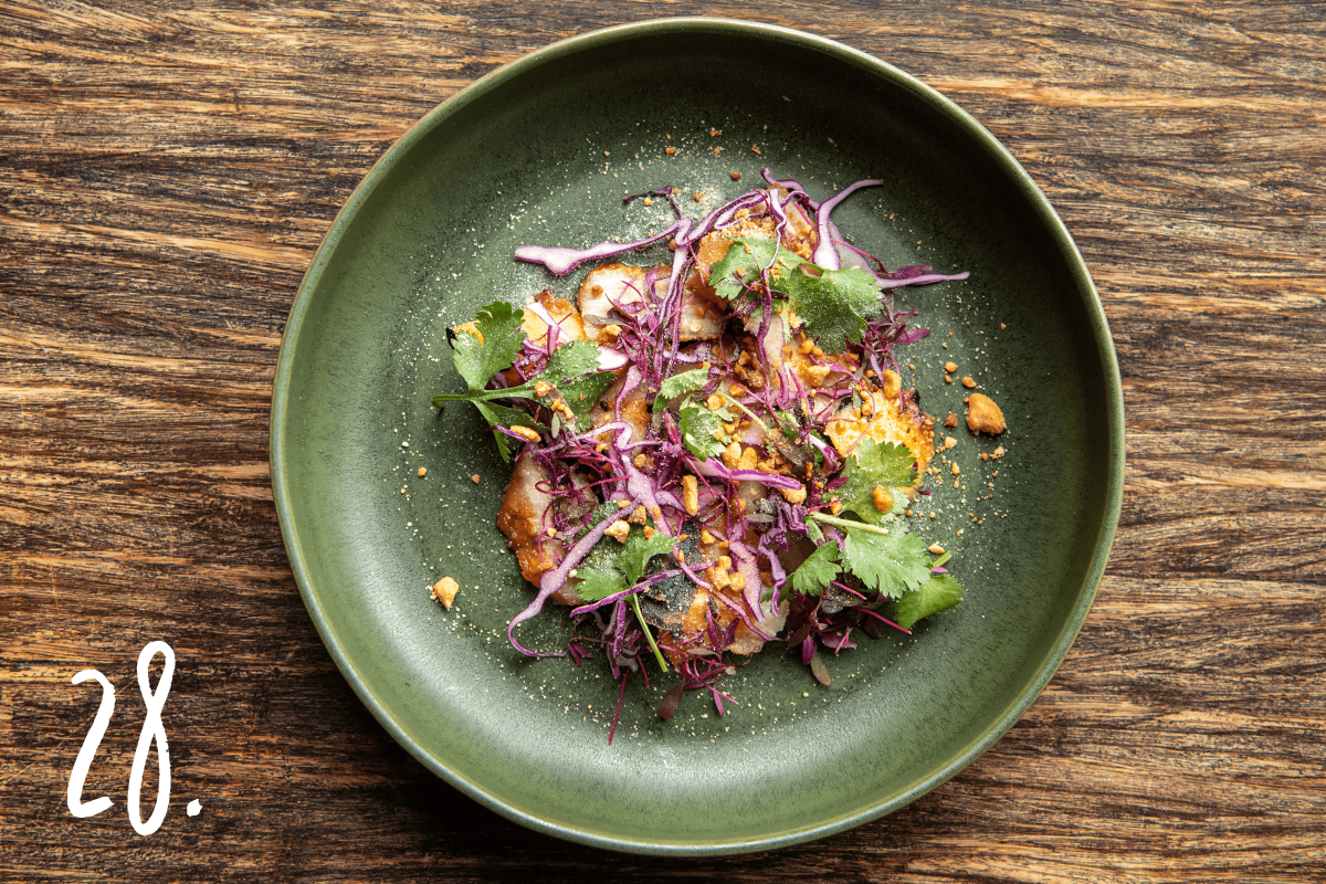 #28:  Pork jowl, red cabbage, serrano, cilantro, peanut, peach, amaranth